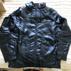 Men’s faux black leather jacket w/ hoodie